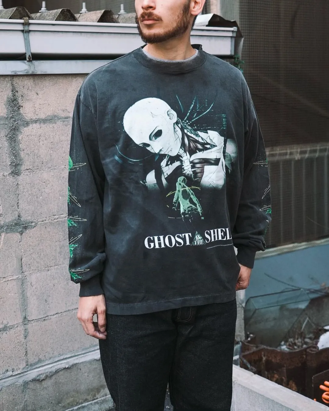 SAINT Mxxxxxx × GHOST IN THE SHELL Ghost in the Shell GS_LS TEE/GITS/BLK Big IP Ghost in the Shell co-branded model Motoko Kusanagi takes a bath Retro distressed long sleeves Ready-to-wear Assute dyeing All parts of the horse spray fade/replacement fade Correct accessories Joint LOGO wash mark/main mark/cherub mark Super complex printing reproduction Super long drawing/pattern making cycle Handmade graffiti made dirty
